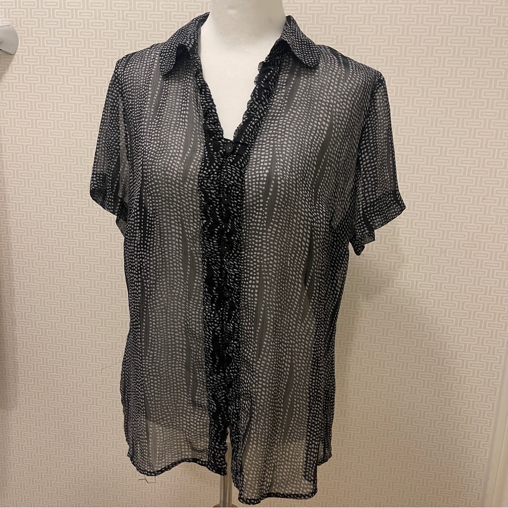 Coldwater Creek Sheer Short Sleeve B/W Print Blouse Ruffle Blouse | M (10/12)